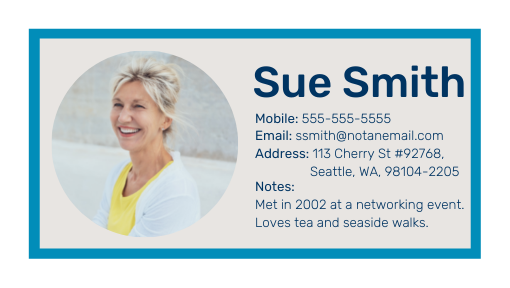 Contact card showing image of a woman smiling outside with some fake contact details including notes that state she loves tea and seaside walks. 