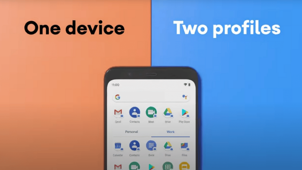 A smartphone showing it has personal and work profiles. It is resting against a background of two different colours split horizontally down the center of the phone. The left side is orange and has the words "One device" written in black. The right side is blue and reads "Two profiles" in white text. 